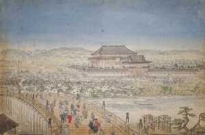 Wikipediaより：方広寺, 円山応挙作「五条橋大仏殿眺望図」。五条大橋と方広寺大仏殿が描かれている。観相窓から大仏が顔を覗かせている。